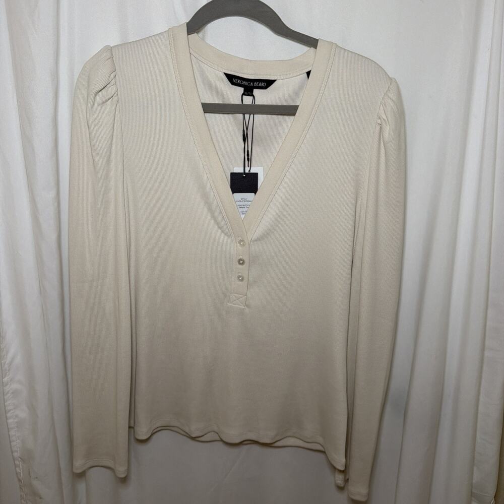 Veronica Beard Dekalb Top White Ribbed Pima Cotton Puff Sleeve Henley XL